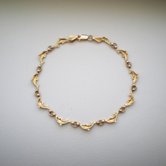 Vintage Solid 14K Yellow Gold Turquoise Blue Enamel Dolphin Tennis BRACELET - Picture 3 of 6